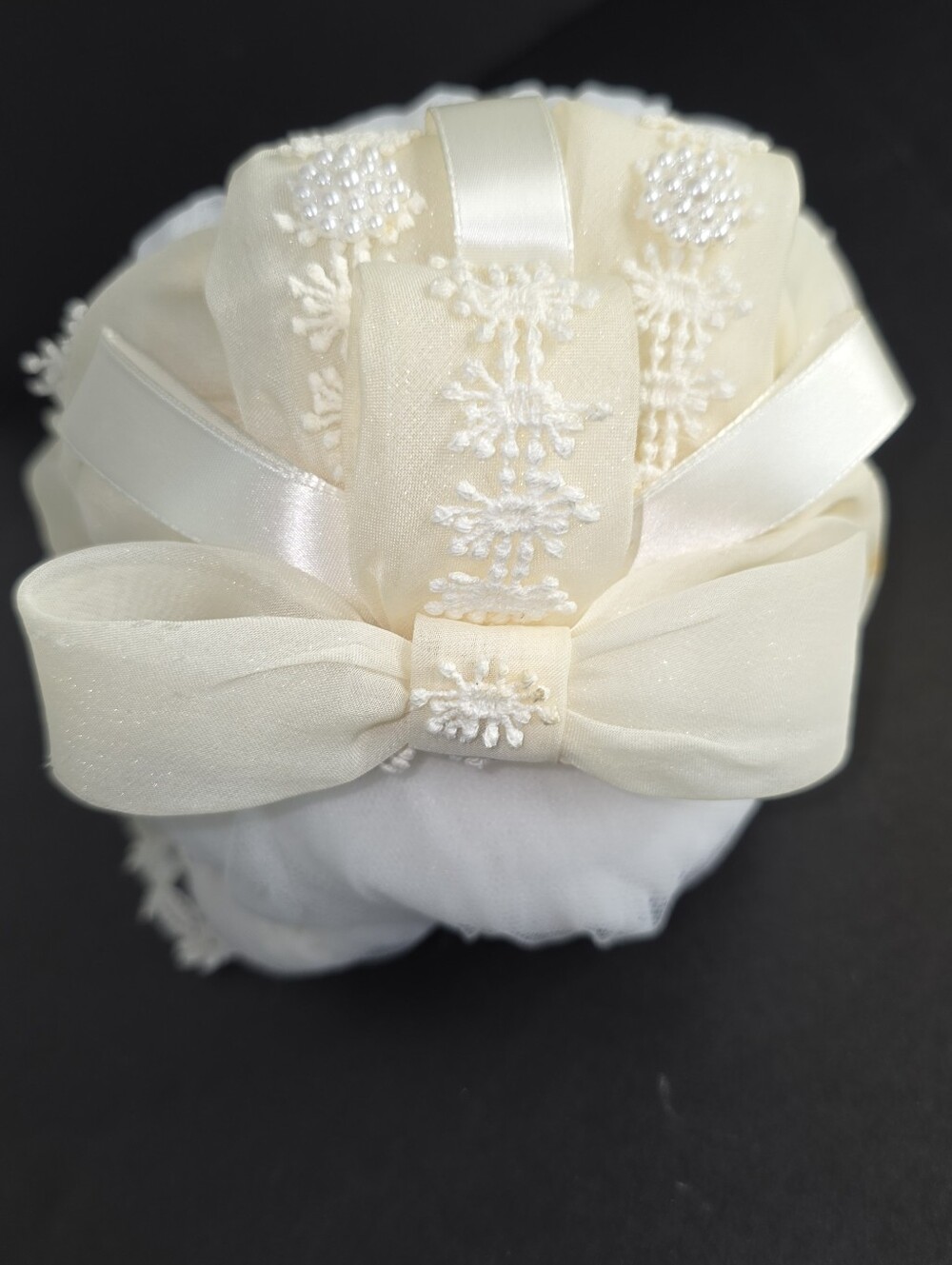 Vintage 1960-70's Juliet Bridal Ivory Lace Bow Veil Headpiece Romance Cathedral - Picture 10 of 16